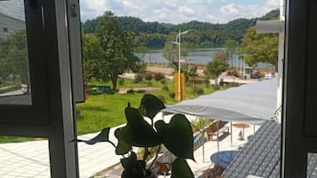 Vista desde una ventana con planta en maceta, un patio y un lago al fondo.