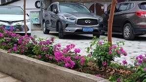 A parking area with several cars, including a grey Infiniti SUV and a white Toyota.