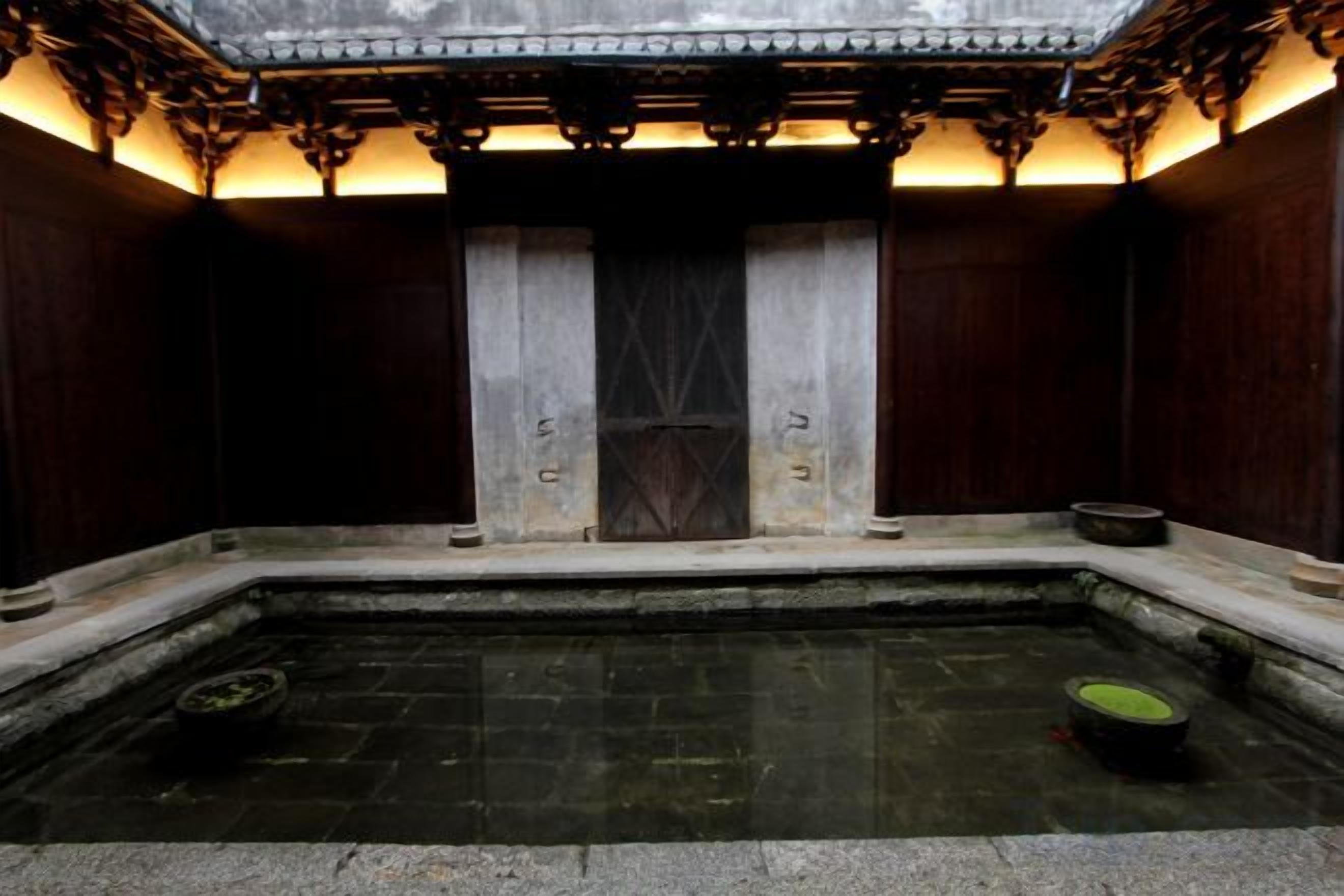 A traditional Japanese-style room with a tatami mat floor, a wooden door, and a small stone basin.