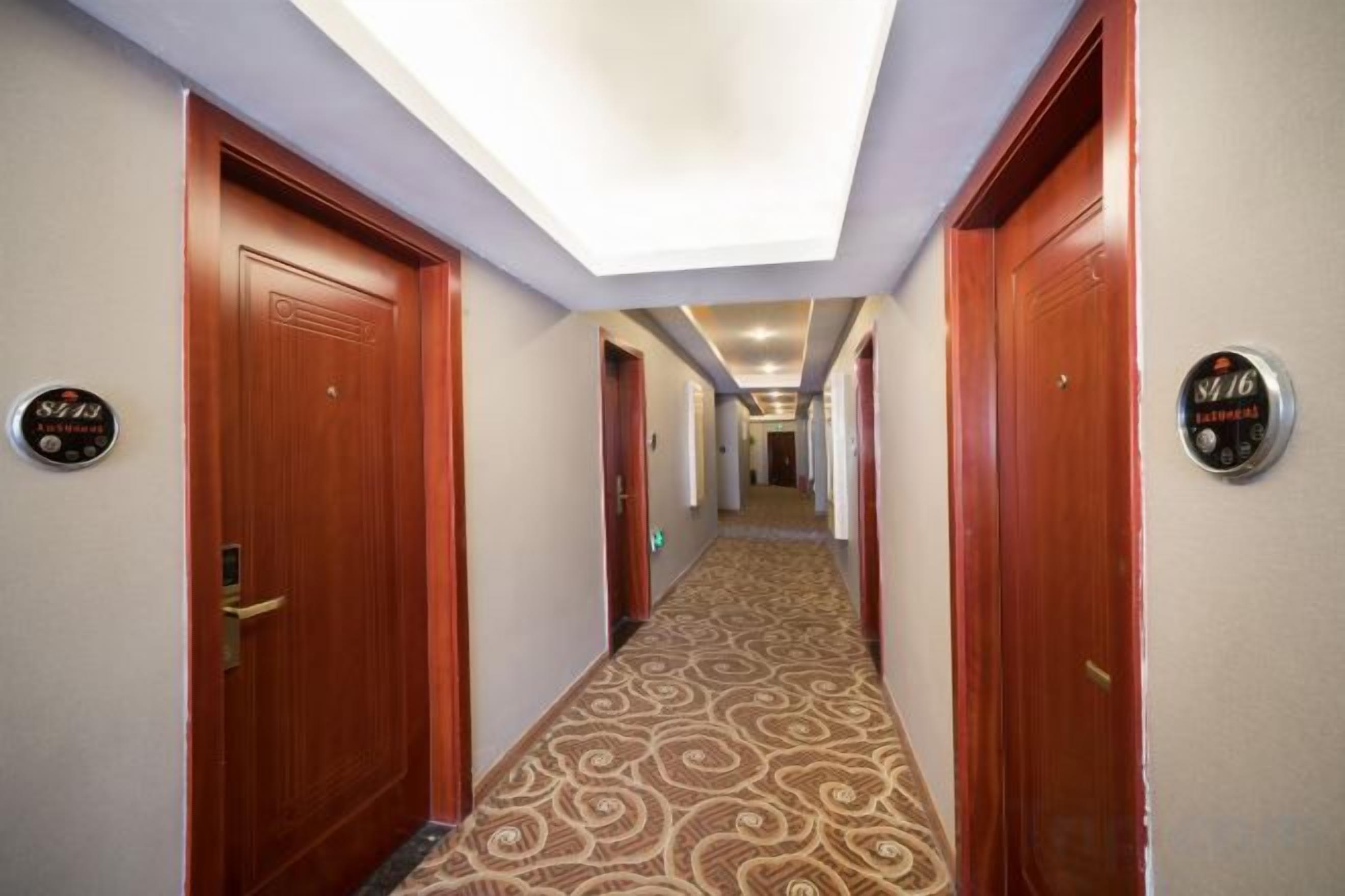 A hotel hallway with wooden doors, carpeted floor, and a ceiling light fixture.