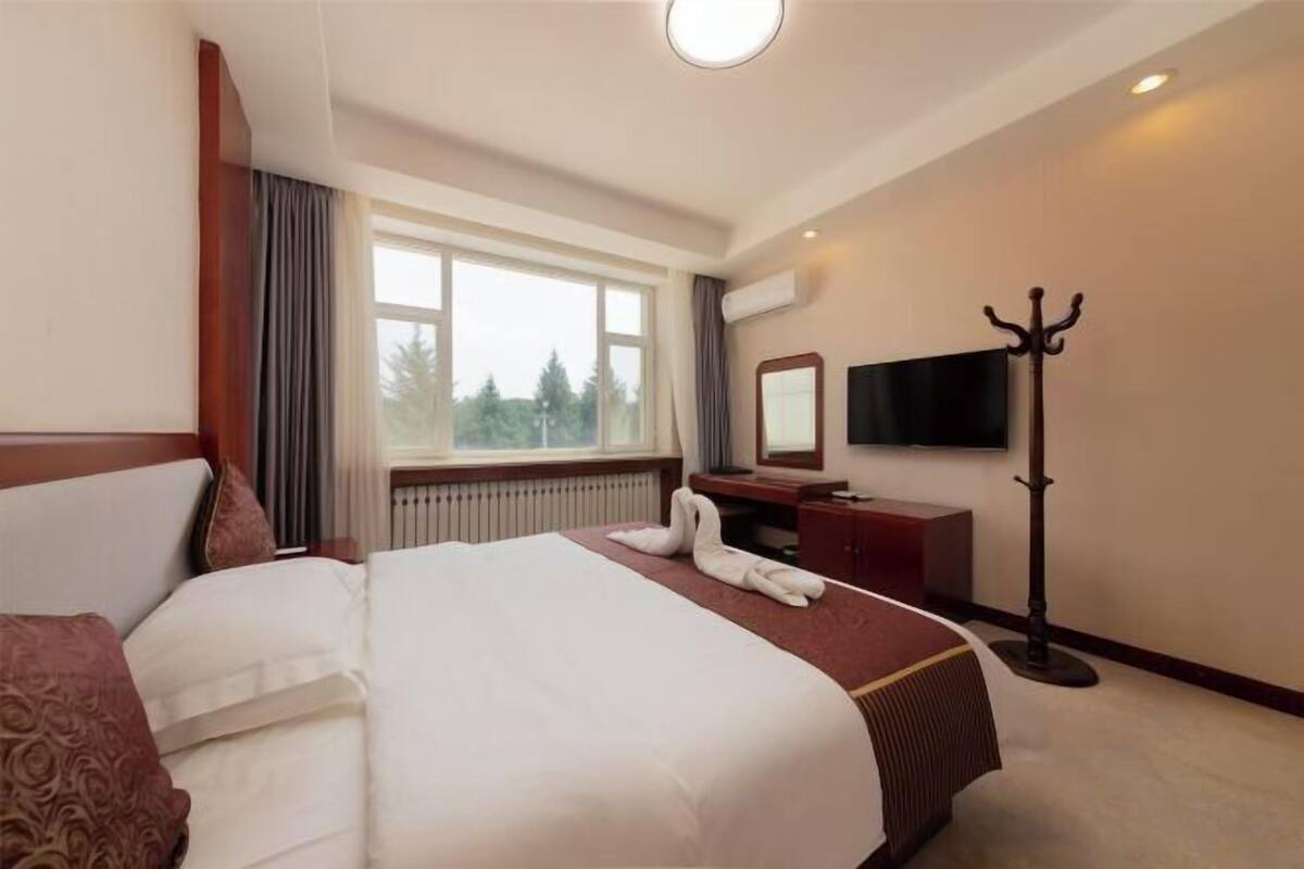 A hotel room with a large bed, a desk with a chair, a coat stand, and a flat-screen TV on the wall.