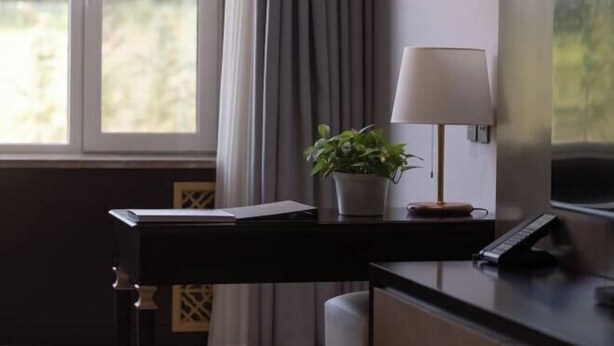 Un bureau avec une lampe, une plante en pot et un clavier.