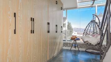 A room with a large wardrobe, a hanging chair, and a view through a glass door.
