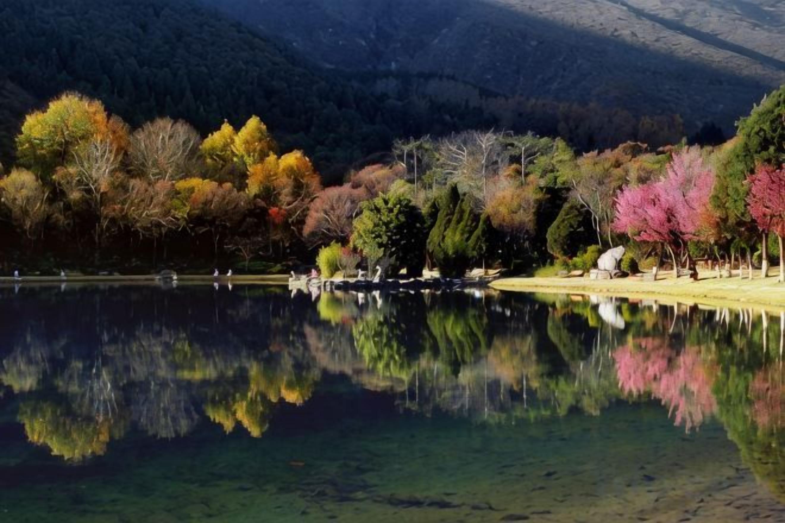 A calm lake with clear reflections, surrounded by trees and a mountain in the background.