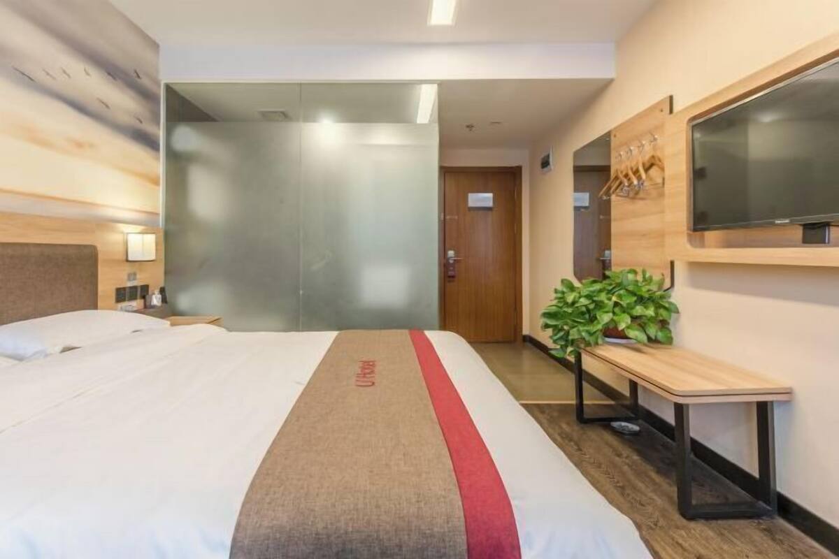 A hotel room with a bed, a TV mounted on the wall, a wooden bench, and a potted plant.