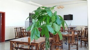 A dining area with wooden tables and chairs, a large green plant, and pendant lighting.