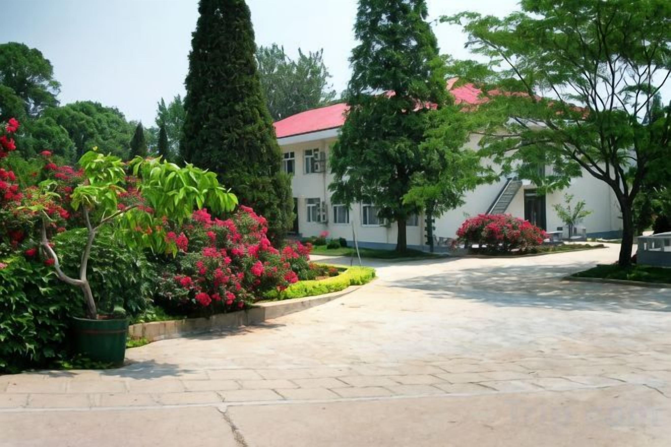 A paved courtyard with a building featuring a red roof, surrounded by greenery and flowering plants.