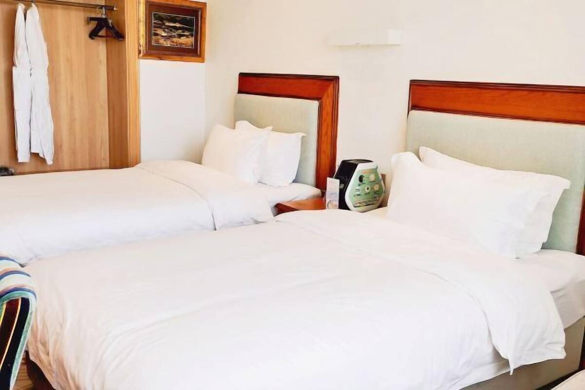 A hotel room with two beds, wooden headboards, white bedding, a wooden wardrobe, and a framed picture on the wall.