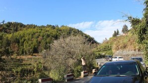 Un coche negro estacionado en una carretera con un paisaje montañoso al fondo.