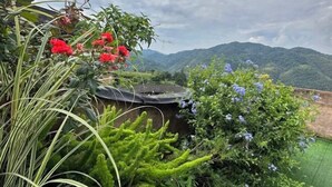 Un jardín con diversas plantas y flores, un toldo negro, y colinas verdes al fondo.