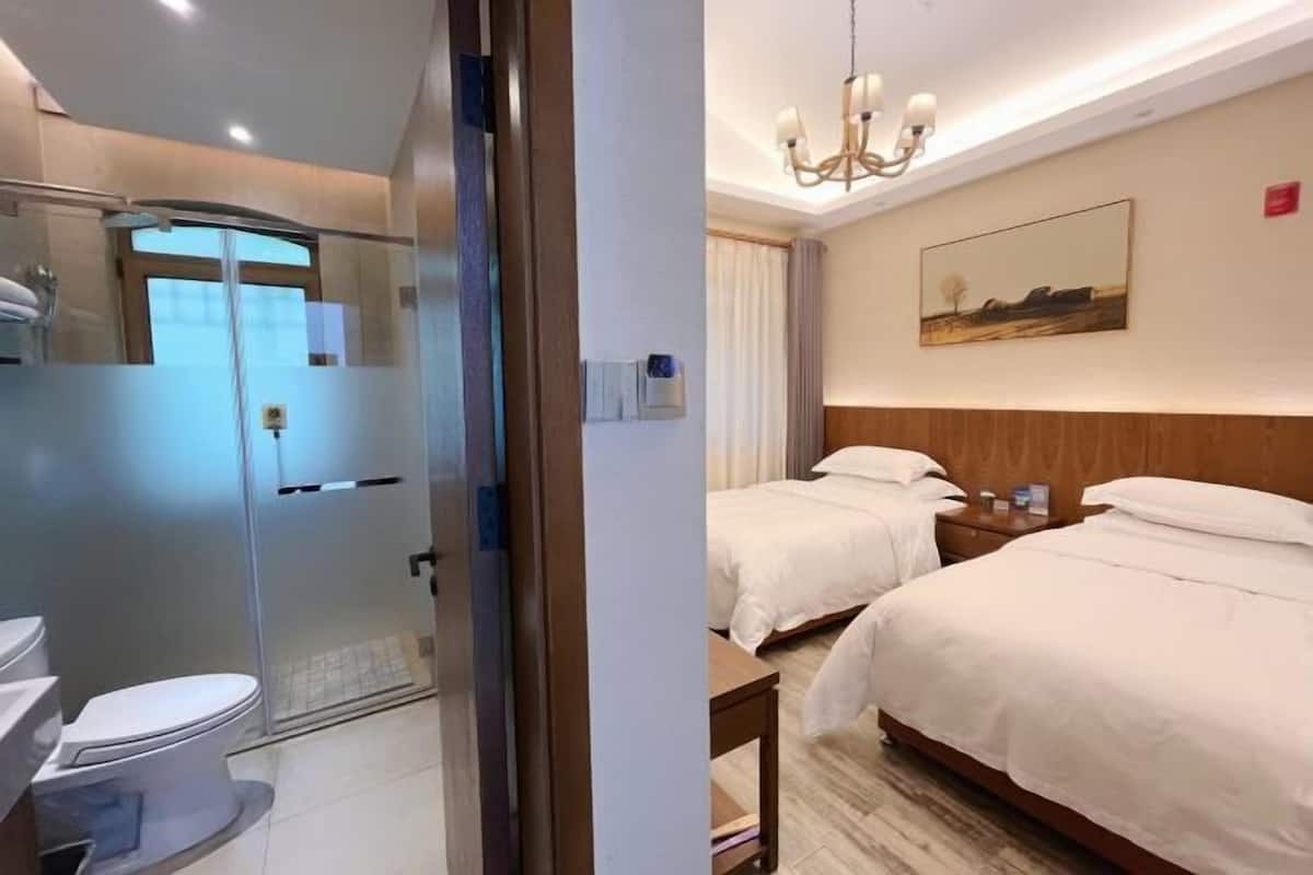 A hotel room with a shower, toilet, two beds, a bedside table, a nightstand, a chandelier, a painting on the wall, and a window with curtains.