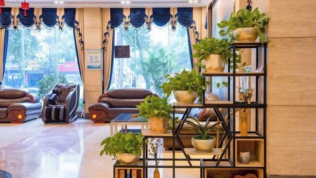 Un vestíbulo de hotel con un sofá, sillones de masaje, una estantería con plantas y vistas al exterior.