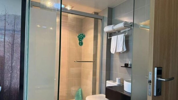 A modern bathroom with a glass-enclosed shower, a toilet, and a sink.