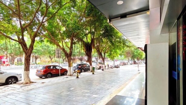 A sidewalk lined with trees and parked cars. - Jingyuan Boutique Hotel (Wuxuan)
