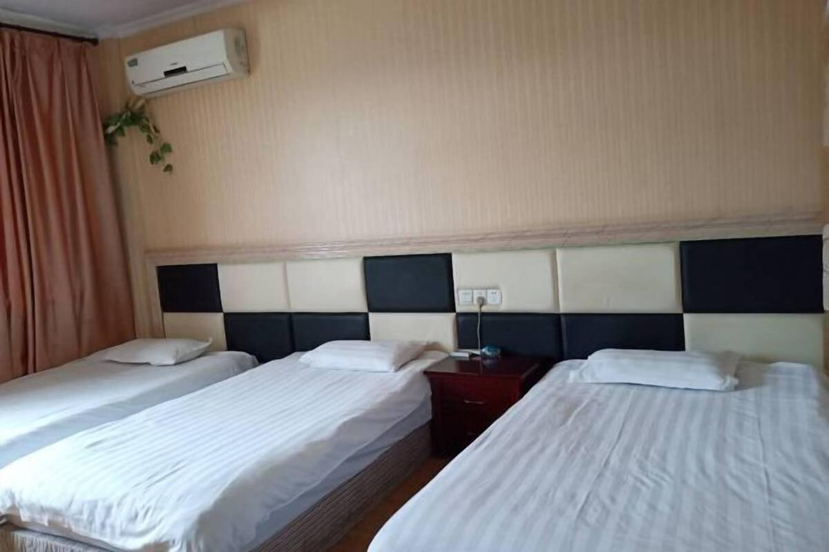 A hotel room with two single beds, a nightstand, a wall-mounted air conditioner, and a plant.