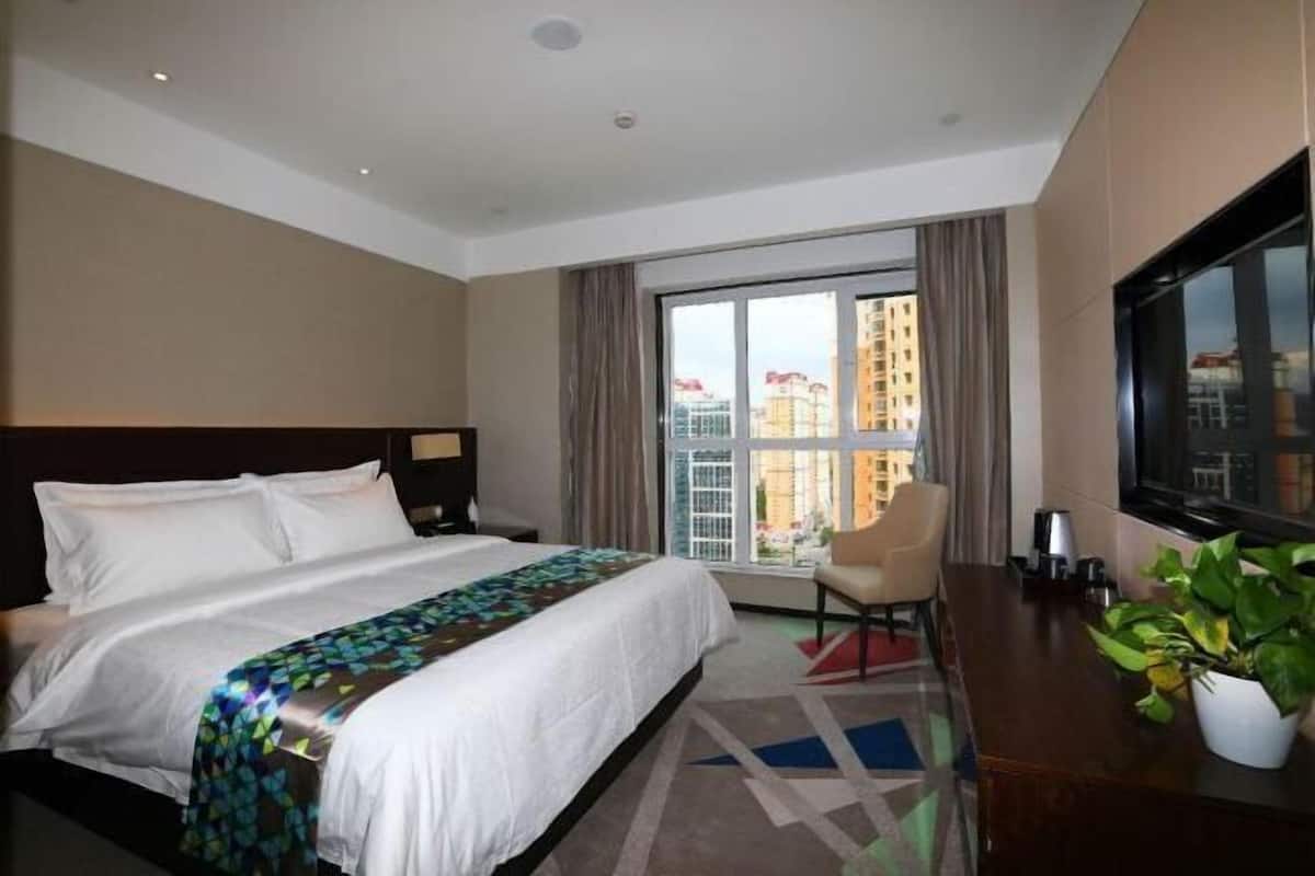 A hotel room with a large bed, a desk, a chair, and a TV.
