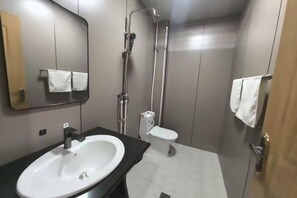 A modern bathroom with a sink, mirror, toilet, and shower. - XingYuan Hostel (Zhangye)
