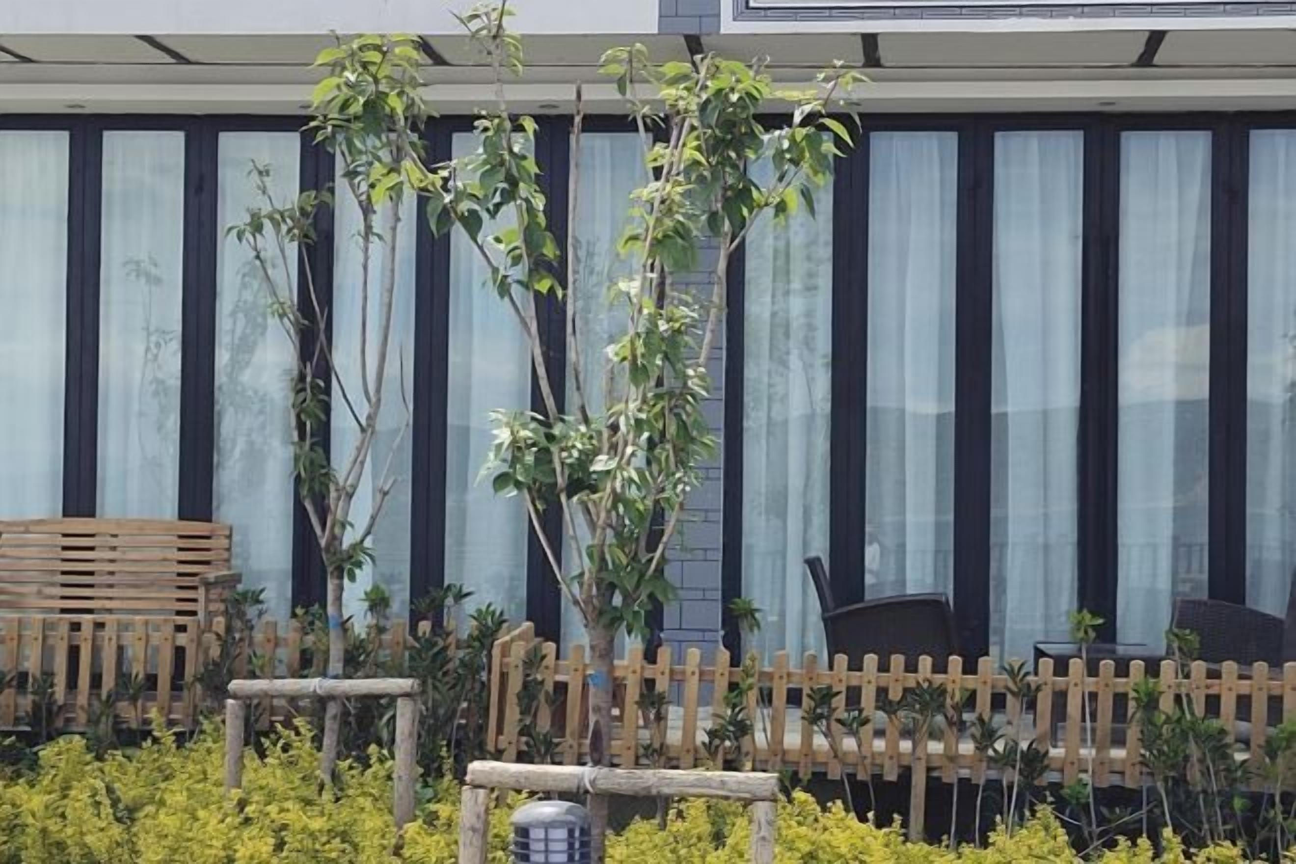 A building with vertical windows, a wooden fence, and a small tree.