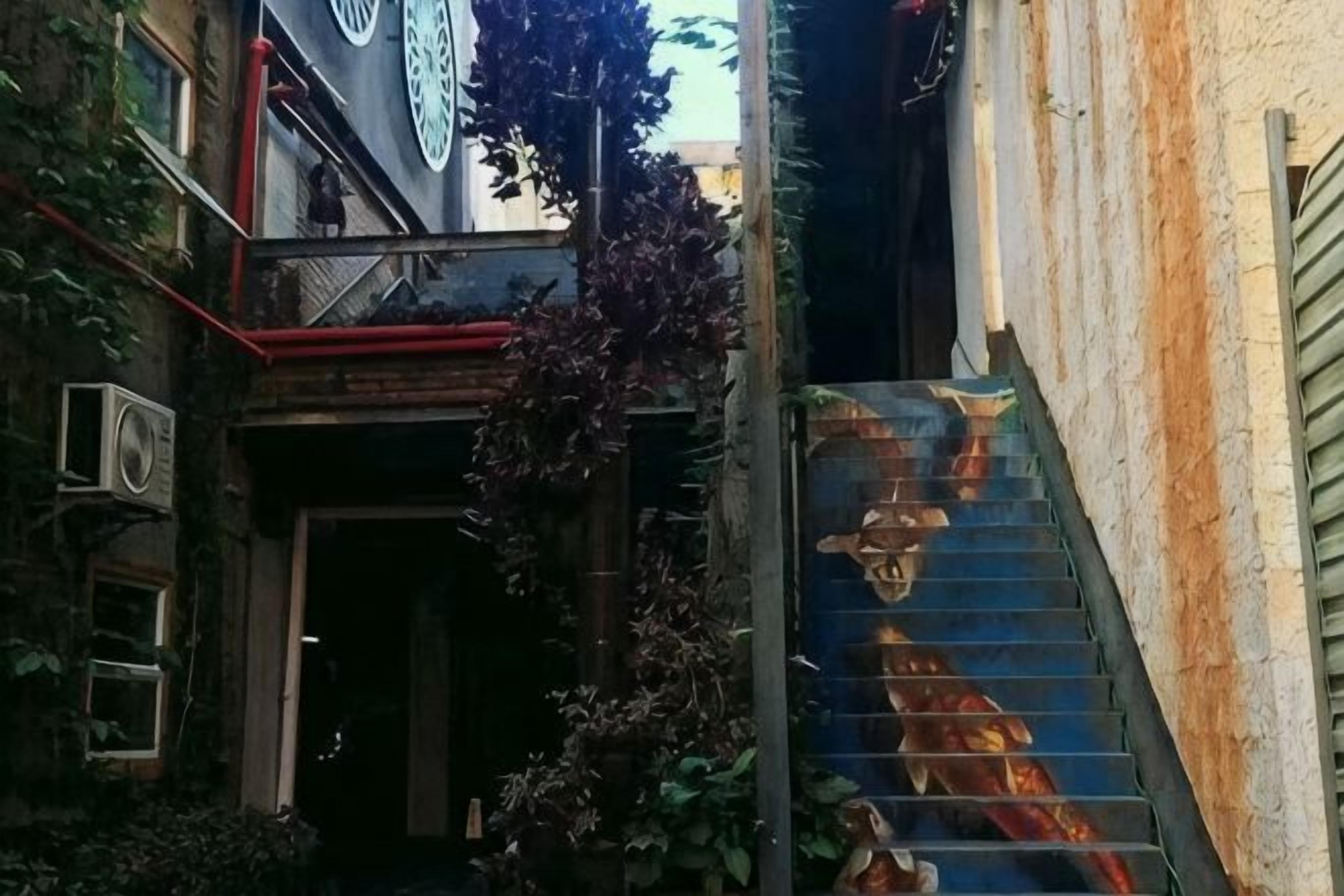 A narrow alley with a staircase leading to a building entrance.