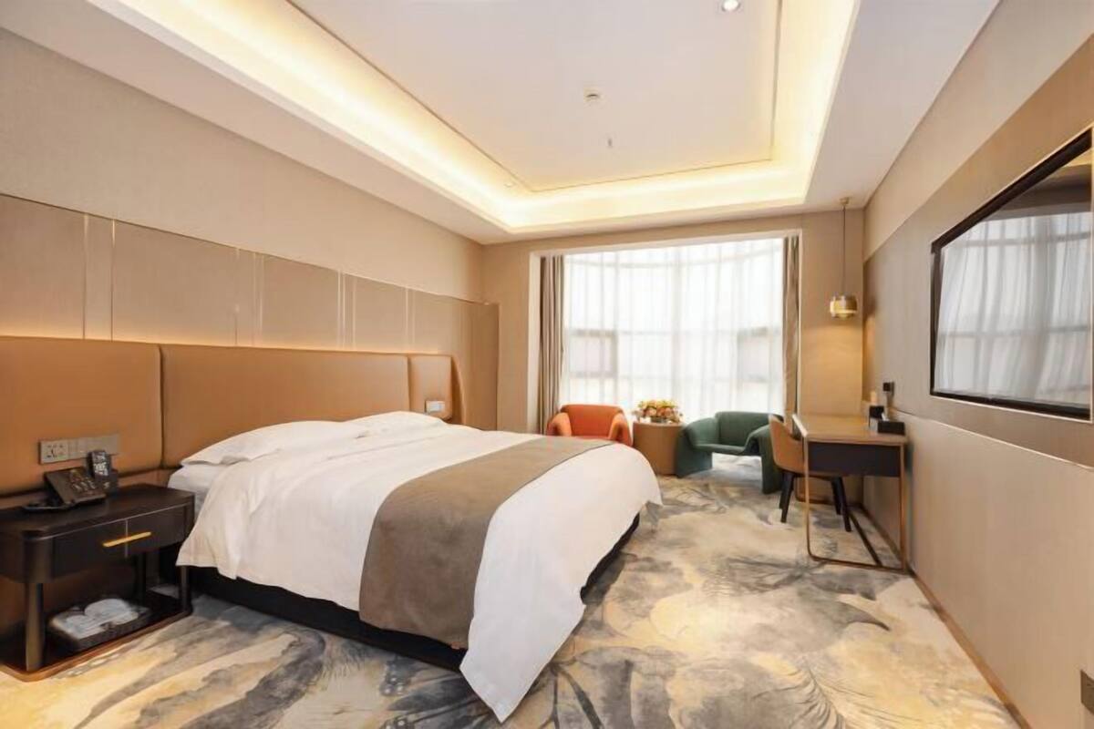 Camera d'albergo con un letto grande, una scrivania, una sedia e una televisione.