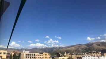 Vista de un pueblo con edificios y montañas al fondo.