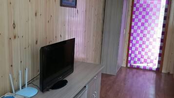 A room with a television on a wooden cabinet, a door with a checkered pattern, and a hallway.