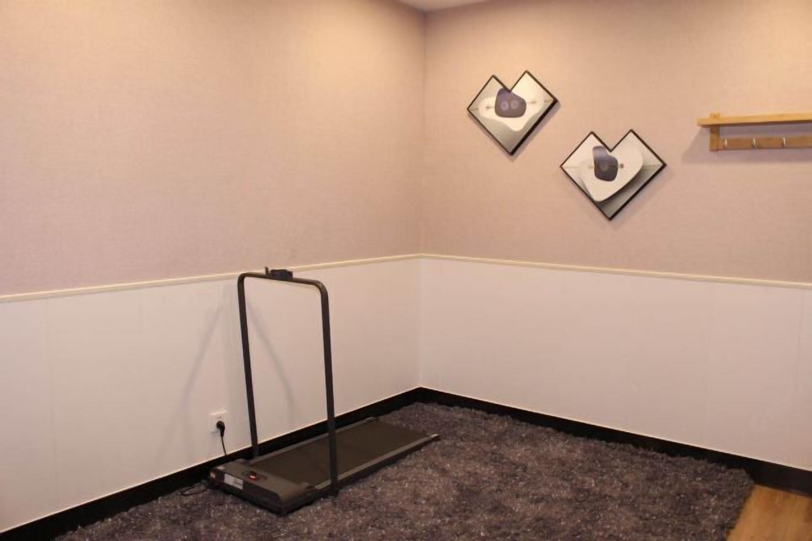 A small room with a treadmill, a wall-mounted shelf, and two wall-mounted artworks.