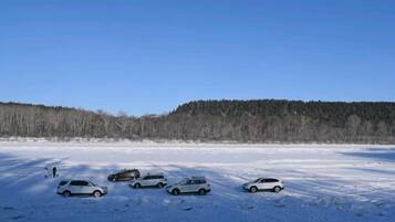 Un grupo de coches estacionados en un campo cubierto de nieve con un bosque al fondo.
