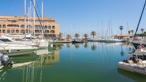 Un port de plaisance où sont amarrés de nombreux bateaux, un bâtiment orné d’arches et des palmiers.