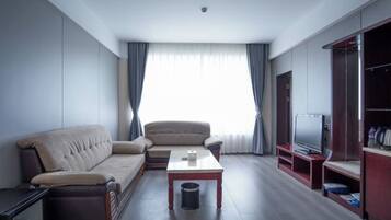 A modern living room with a sofa, a coffee table, a TV, and a wardrobe.