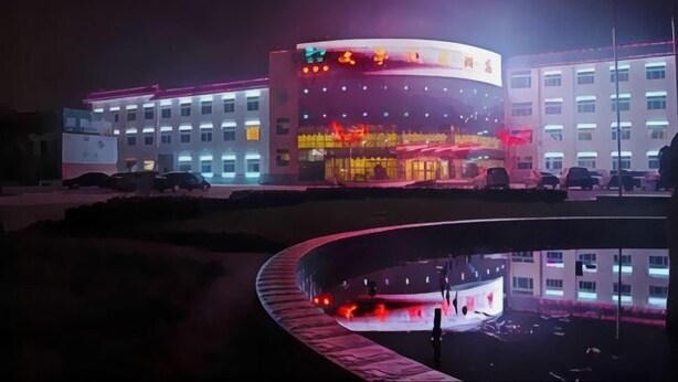 A building with multiple floors, a curved facade, and a reflective water feature in front. - Wentinghu Hotel (Chengwu)