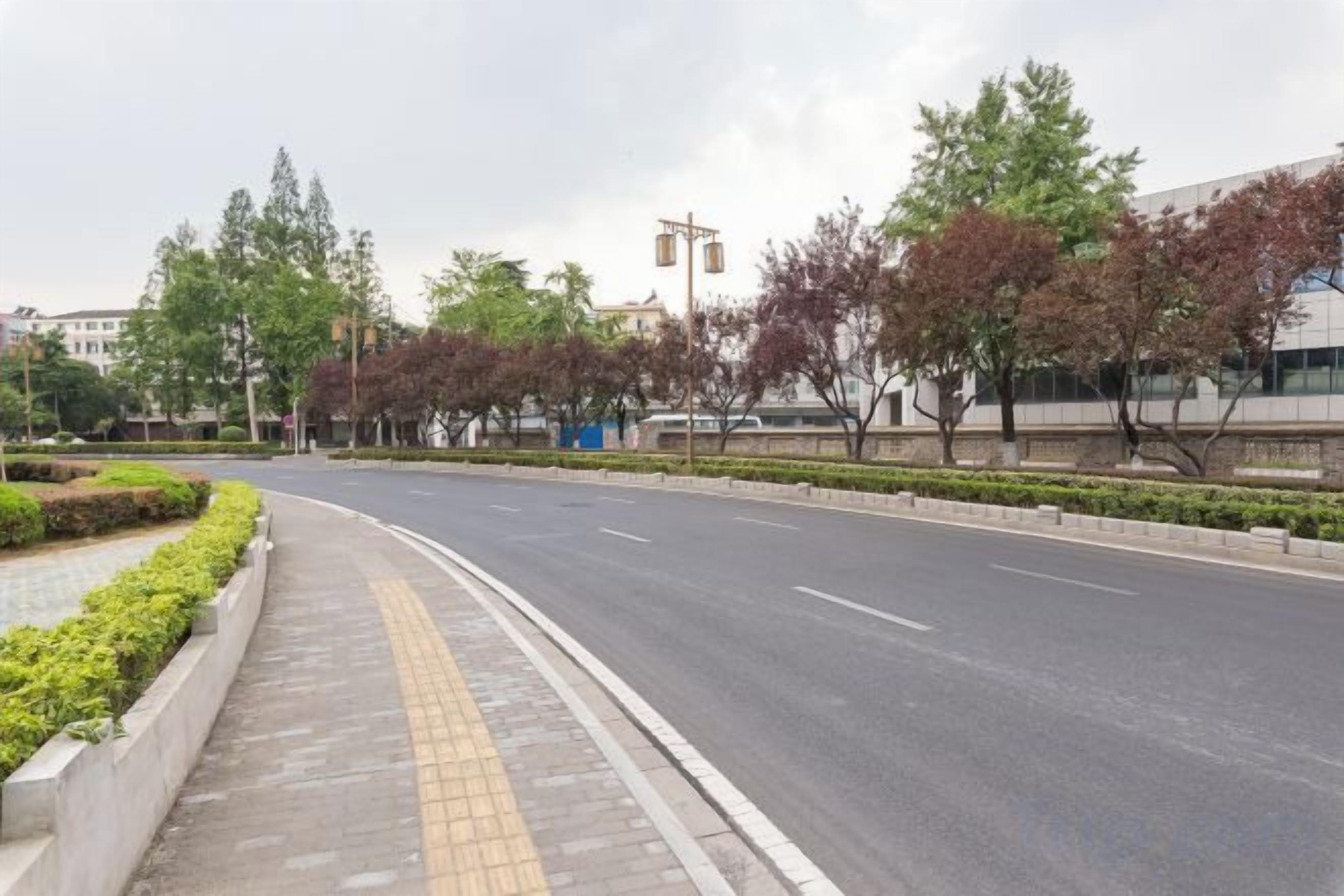 A wide, empty road with a sidewalk on one side and trees lining the other.