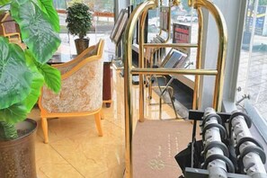 Un hall de hotel con una planta grande en maceta, una silla de madera y una estructura metálica con vistas a una ventana.