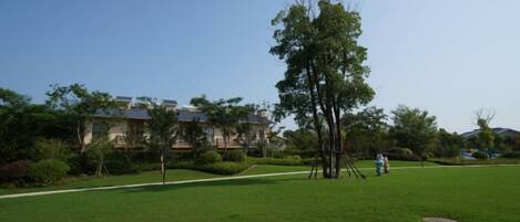 Un área verde bien cuidada con un árbol grande, un sendero pavimentado y un edificio al fondo.