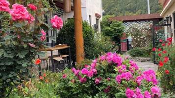A garden with pink flowers and a table outside a building.