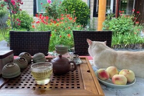 A table with a teapot, cups, and a plate of apples, a cat, and a garden with flowers and plants. - Meet Snow Mountain Boutique Residence (Bome)