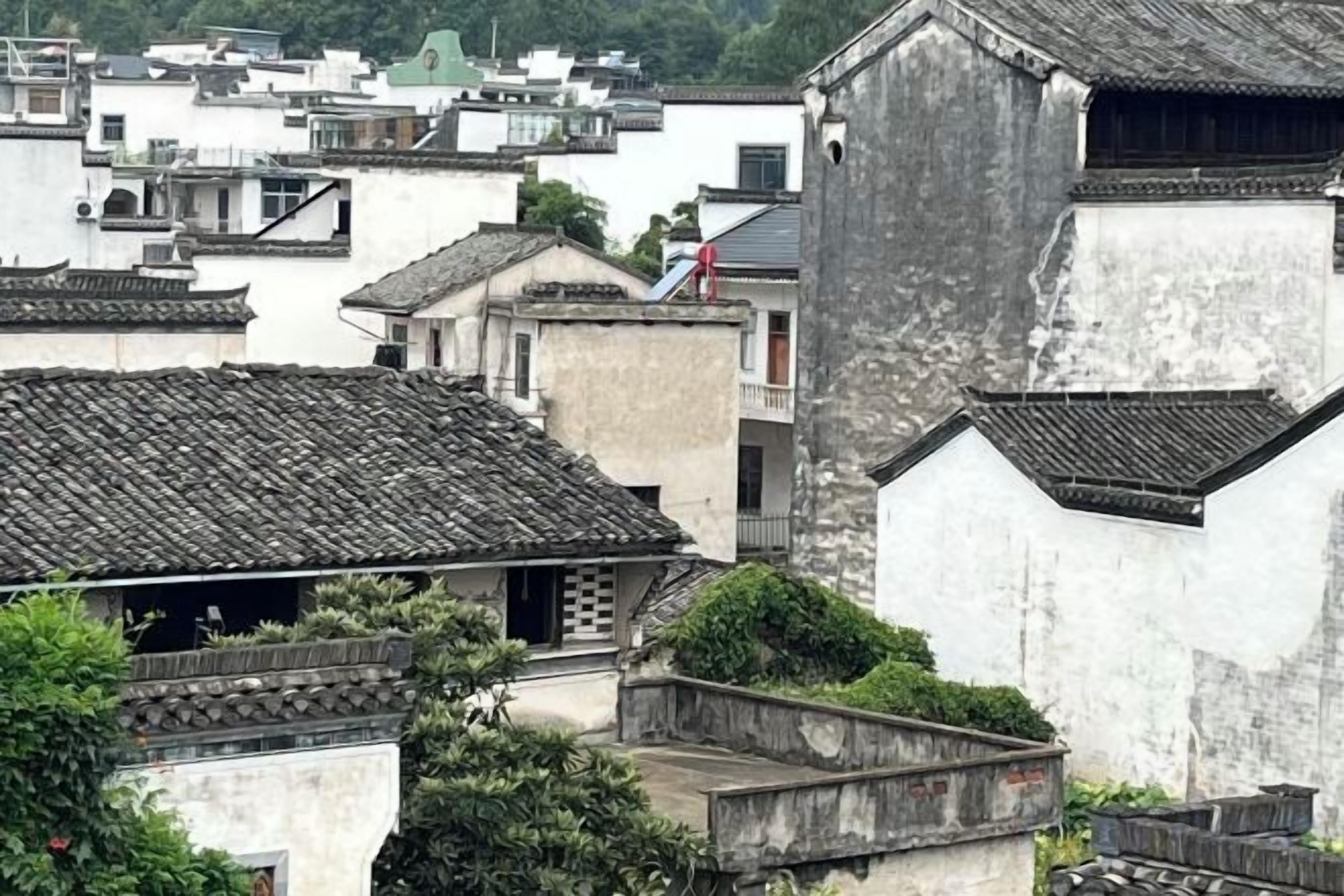 Un edificio tradicional con tejado de tejas, rodeado de otras construcciones, lo que indica una zona urbana densamente poblada.