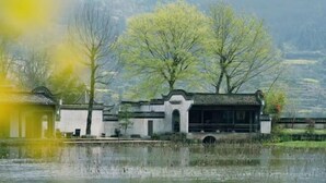 A traditional building with a tiled roof and a small pond in front. - Longxingtang (Huangshan City)