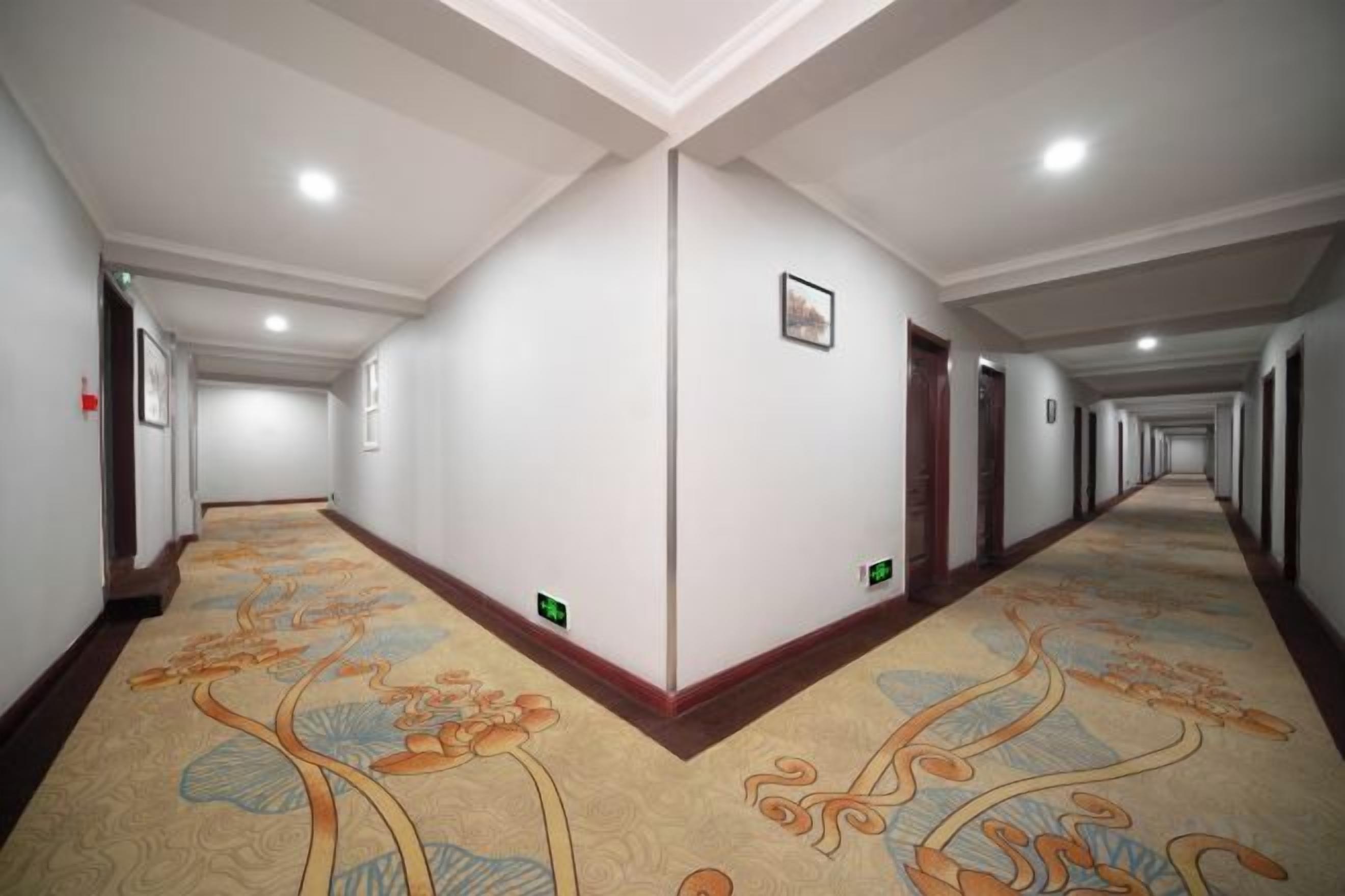 A long, narrow hallway with patterned carpet, doors on both sides, and a ceiling with recessed lighting.