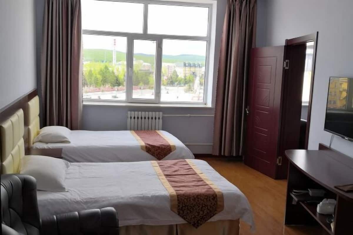 Een hotelkamer met twee bedden, een radiator, een televisie en uitzicht op de stad.