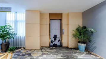 Eine Hotelhalle mit einem gemusterten Teppich, einem Empfangstresen und einer Zimmerpflanze.