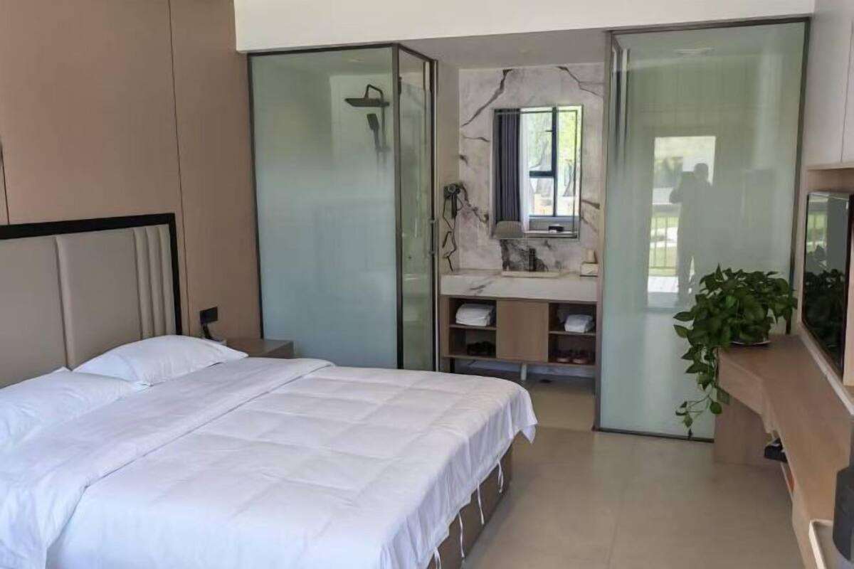 A modern hotel room with a bed, a shower, a vanity with a mirror, and a television.