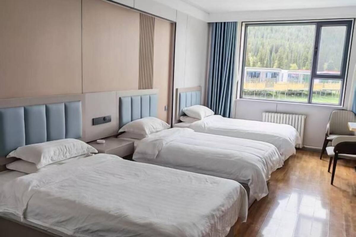 A hotel room with three beds, a window with a view of a forest, and a radiator.