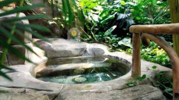 A hot spring with a wooden bench, surrounded by rocks and greenery.