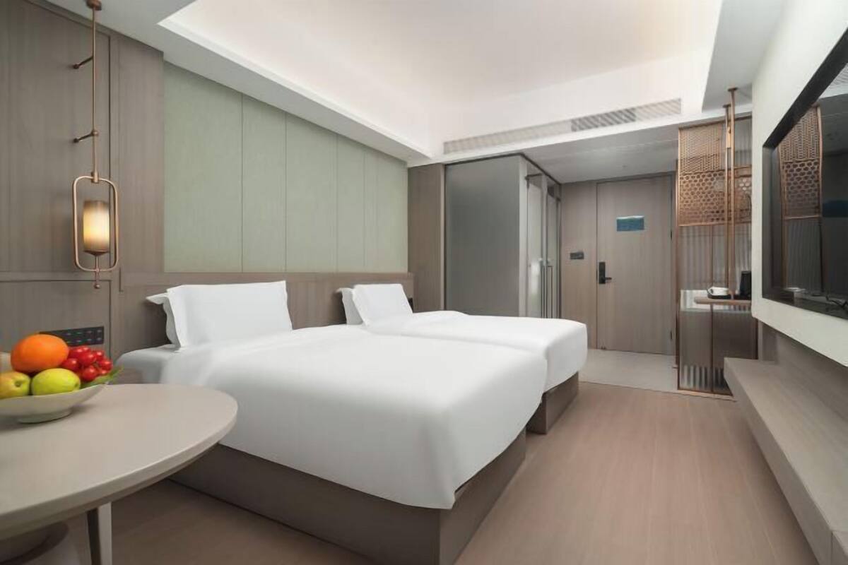 A modern hotel room with a large bed, a bedside table with fruit, a TV, and a walk-in closet.