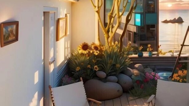 Un bâtiment moderne doté d’un balcon donnant sur une étendue d’eau, avec un cadran solaire et un espace détente comprenant un carnet et un stylo.