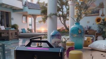A modern outdoor seating area with a pool, a blue vase with flowers, and a sunset view.