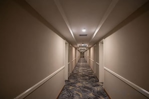 Un corridoio d'hotel con pavimenti, pareti e soffitto in moquette, illuminato da faretti a incasso.