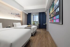 A hotel room with two beds, a desk, a large digital photo display, and a view of the city. - Hyatt Regency Loudilai (Loudi)