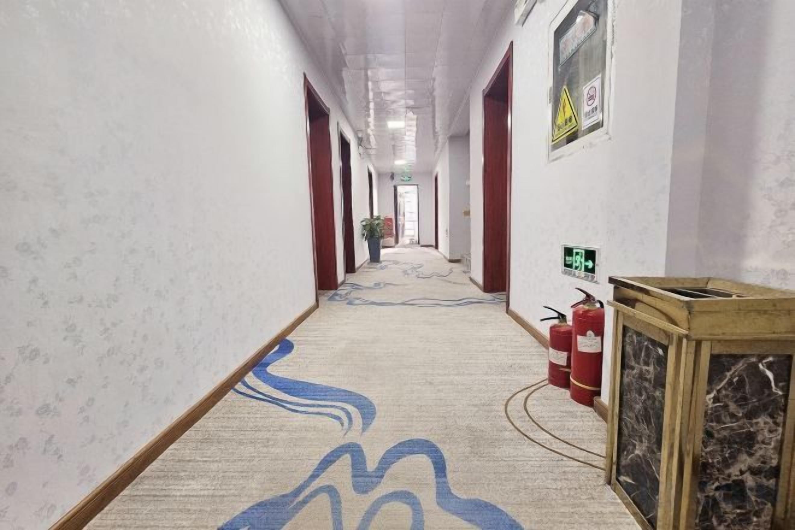 Ein Hotelgang mit gemustertem Teppich, Feuerlöschern und einem Feuermelder an der Wand.